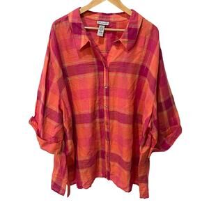 Catherine’s Linen Top Women 5X Pink Orange Metallic Plaid Button Up Lightweight